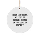 Funny Electrician Gifts for Men from I'm An Electrician. My Level Of Sarcasm Depends On Your Level Of Stupidity. - Unique Circle Ornament for Electrician Friends - Image 1
